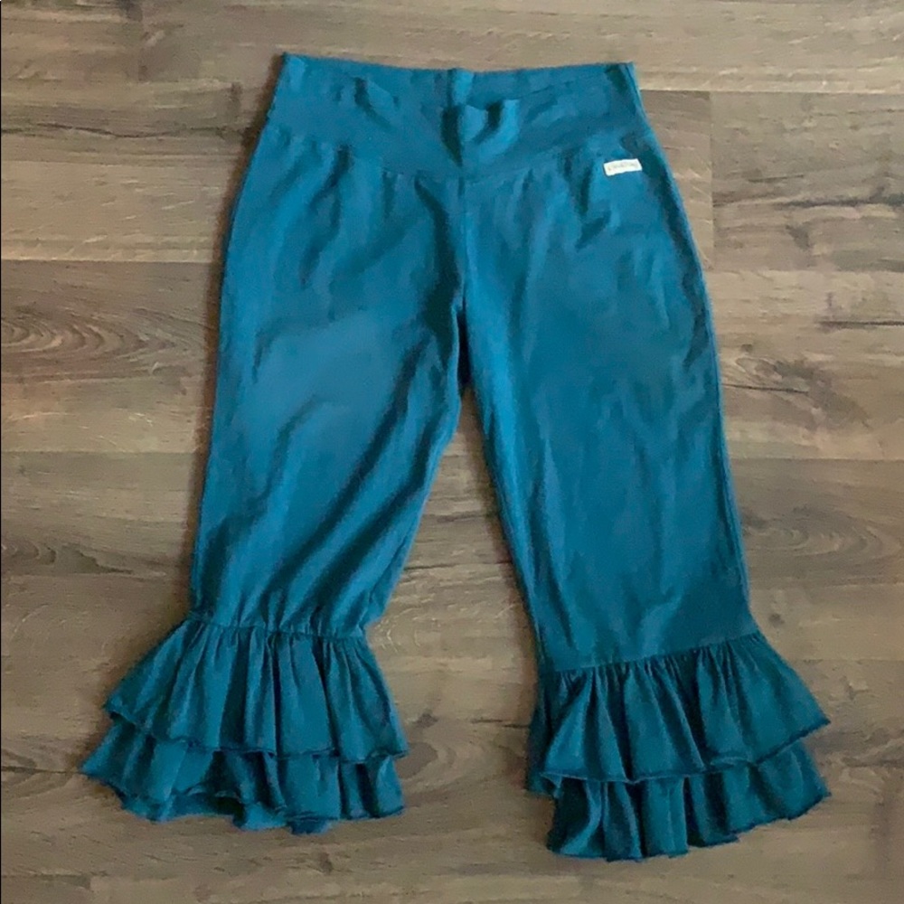 Sew Sassy dark teal ruffle capris